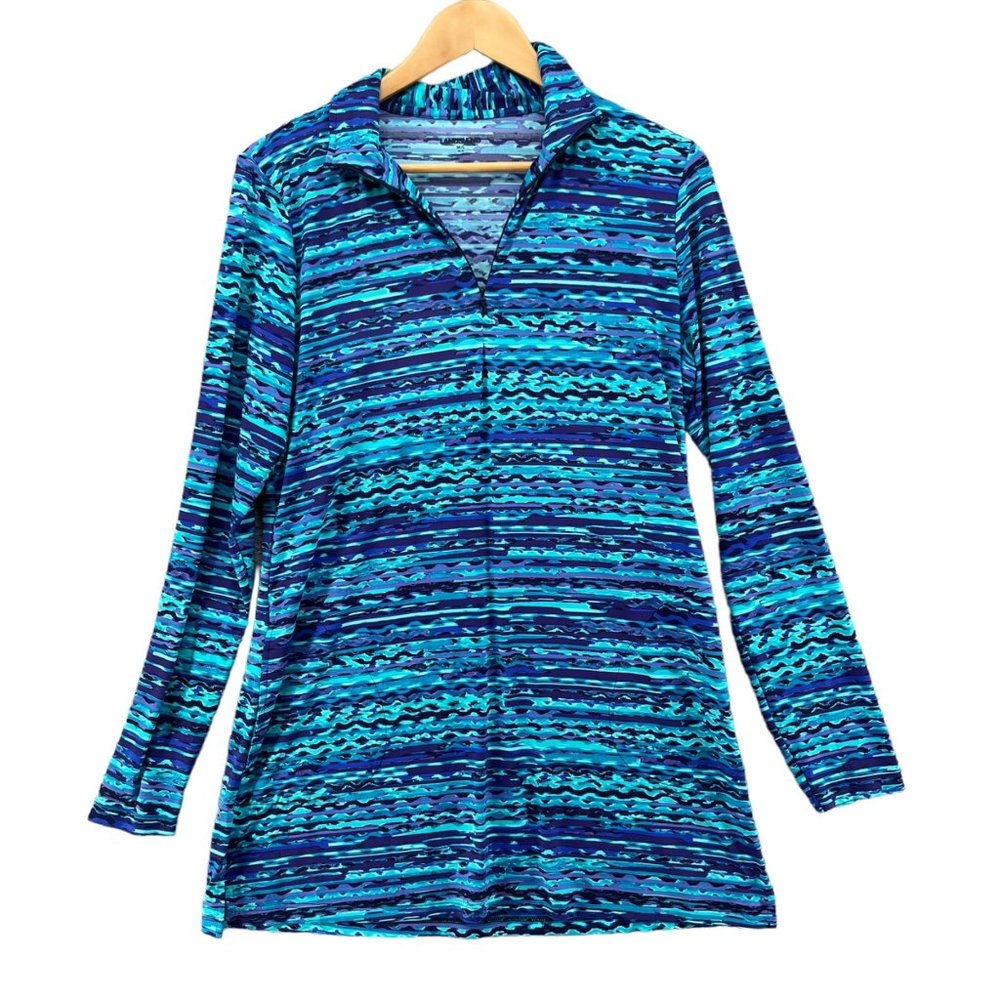 Lands End Girls Blue Jagged Stripe Athletic Casual Long Sleeve Summer Tunic